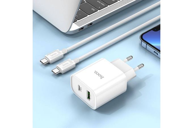 Сетевое зарядное устройство USB+USB-C+ кабель Type-C HOCO C80A Plus Rapido PD20W + QC 3.0 (белый)