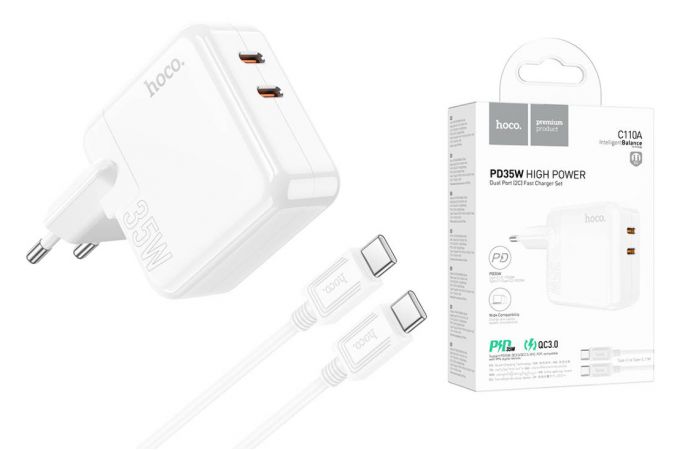 Сетевое зарядное устройство 2USB-C + кабель Type-C-Type-C HOCO C110A Luckyl PD35W + QC3.0 (белый)