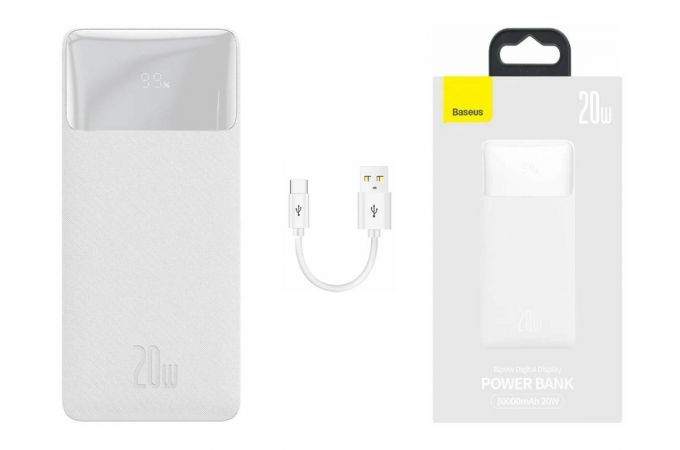 Универсальный дополнительный аккумулятор Power Bank Baseus Bipow Digital Display Fast Charge 30000mAh 20W White （Cable USB to Micro 25cm White）