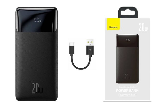 Универсальный дополнительный аккумулятор Power Bank Baseus Bipow Digital Display Fast Charge 30000mAh 20W Black (черный) （Cable USB to Micro 25cm Black (черный)）