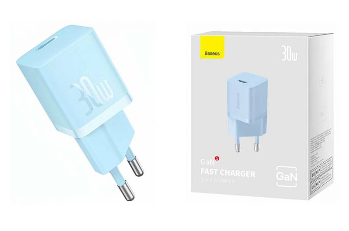 Сетевое зарядное устройство USB-C + кабель Type-C Baseus GaN5 Fast Charger (mini) 30W EU Galaxy Blue