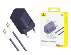 Сетевое зарядное устройство USB-C + кабель Type-C Baseus GaN5 fast Charger (mini) 30W EU Midnight purple