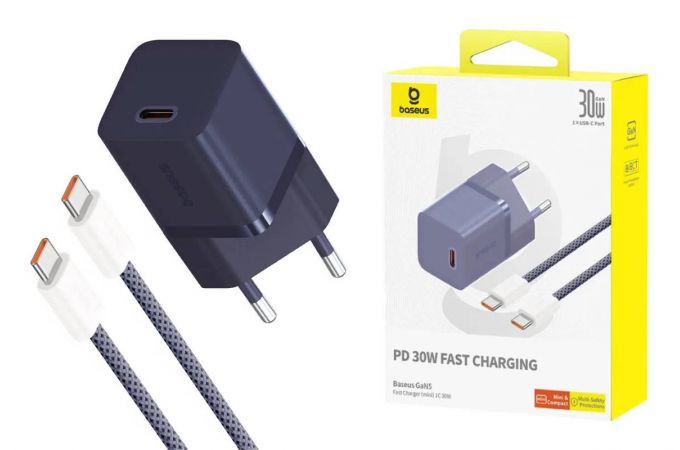 Сетевое зарядное устройство USB-C + кабель Type-C Baseus GaN5 fast Charger (mini) 30W EU Midnight purple