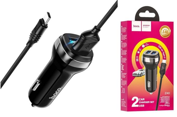 Автомобильное зарядное устройство АЗУ 2USB + кабель Type-C HOCO Z40 Superior 2400mAh (черный)