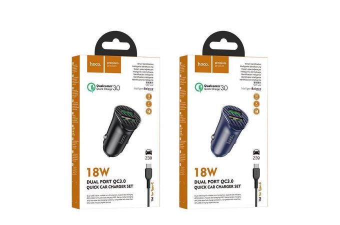 Автомобильное зарядное устройство АЗУ 2USB + кабель Type-C HOCO Z39 Farsighted 2400mAh QC3.0 (черный)