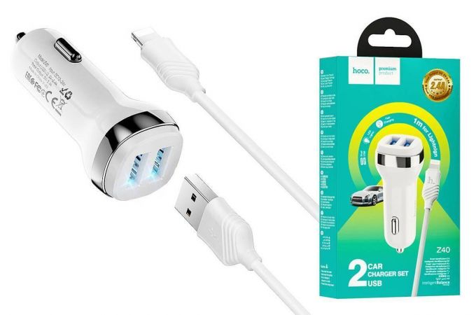 Автомобильное зарядное устройство АЗУ 2USB + кабель Lightning HOCO Z40 (белый)