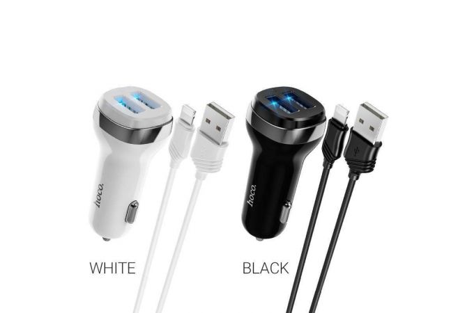 Автомобильное зарядное устройство АЗУ 2USB + кабель Lightning HOCO Z40 (белый)