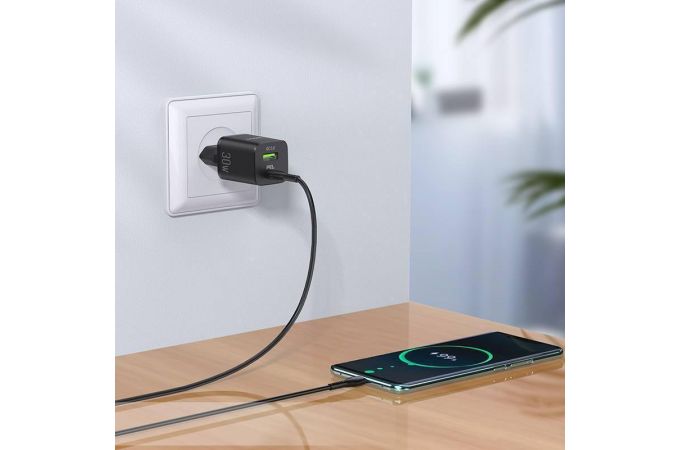 Сетевое зарядное устройство USB-C HOCO N13 Bright PD 30W+QC3.0 (черный)