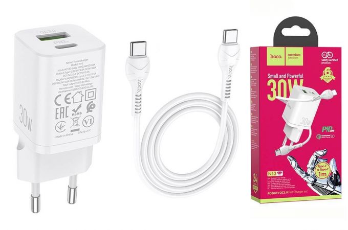Сетевое зарядное устройство USB + USB-C + кабель Type-C HOCO N13 Bright PD30W+ QC 3.0 (белый)