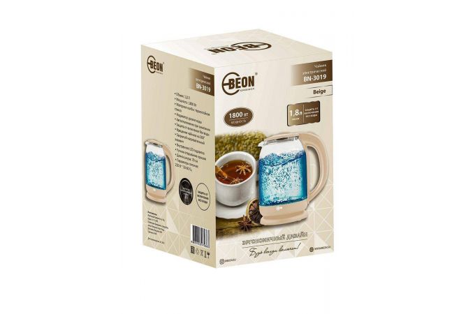 Чайник BEON BN-3019 бежевый 2200Вт,1,8л, стекло, подсветка