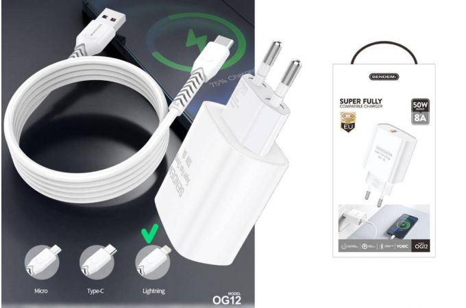 Сетевое зарядное устройство USB + кабель MicroUSB SENDEM OG12 QC3.0, 5000mA (белый)