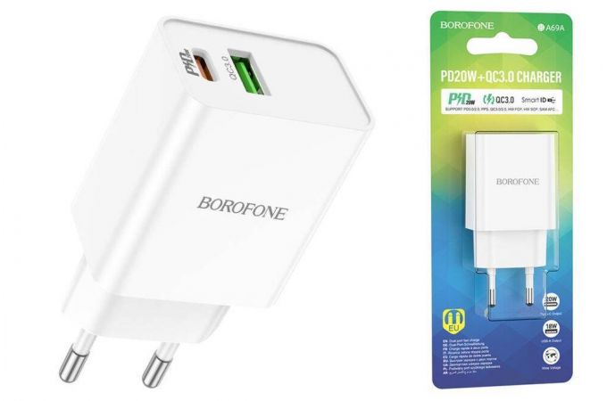 Сетевое зарядное устройство USB + USB-C BOROFONE BA69A Resource PD+ QC 3.0 (белый)