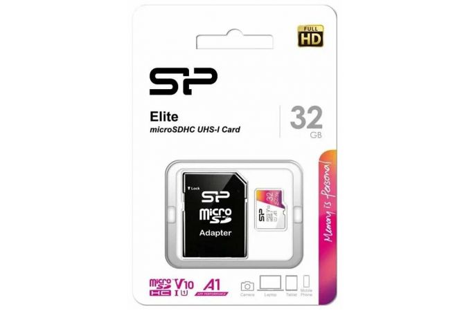 Карта памяти MicroSDHC 32 Gb Silicon Power Elite 100Mb/s UHS-I/V10/A1/R/W 100/30 Mb/s/SP032GBSTHBV1V20SP/SD адаптер