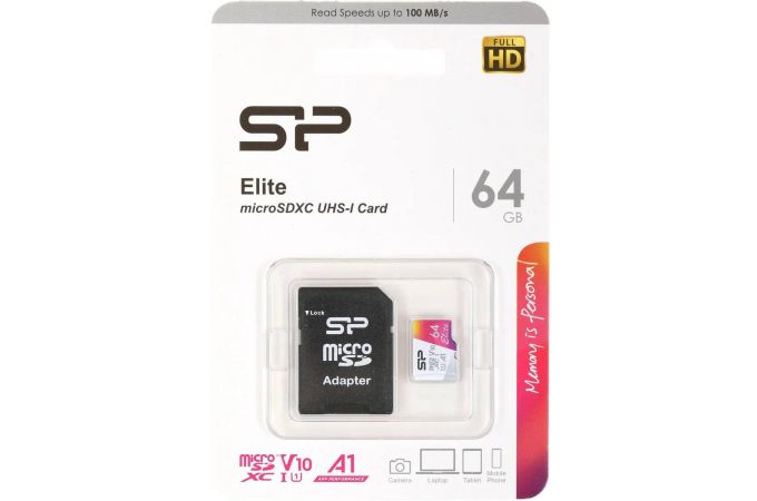 Карта памяти MicroSDXC 64 Gb Silicon Power Elite 100Mb/s UHS-I/V10/A1/R/W 100/30 Mb/s/SP064GBSTHBV1V20SP/SD адаптер