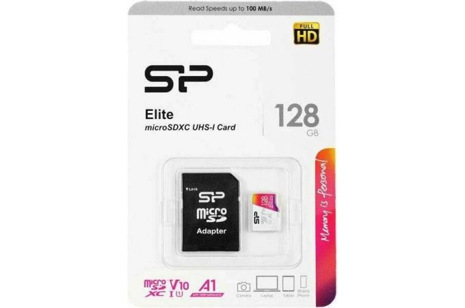 Карта памяти MicroSDXC_128 Gb Silicon Power Elite 100Mb/s UHS-I/V10/A1/SP128GBSTHBV1V20SP/SD адаптер