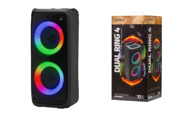 Активная напольная акустика Perfeo "DUAL RING" 4" LED, FM, MP3 USB/microSD, AUX, TWS, MIC, 10Вт (черный)