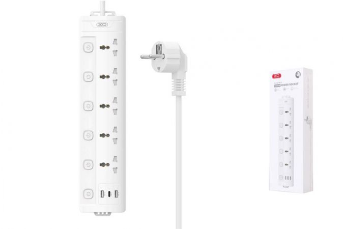 Сетевой удлинитель XO WL19 (EU) long row 5AC jack+USB-A+1USB-C with independent switch (белый)