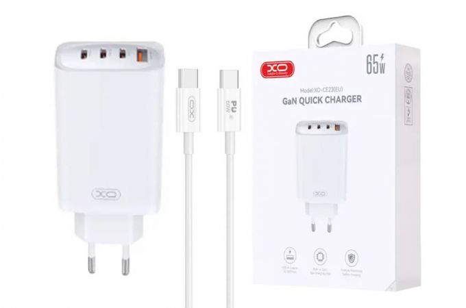 Сетевое зарядное устройство USB+3USB-C + кабель Type-C-Type-C XO CE23 65W GaN Nitride Fast Charging White