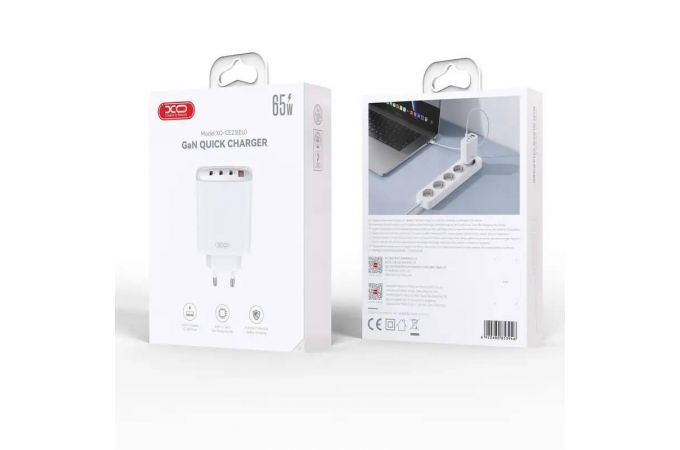 Сетевое зарядное устройство USB+3USB-C + кабель Type-C-Type-C XO CE23 65W GaN Nitride Fast Charging White