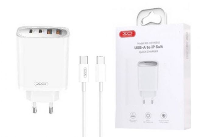 Сетевое зарядное устройство 2USB+2USB-C + кабель Type-C-Type-C XO CE22 45W GaN Nitride Fast Charginge White