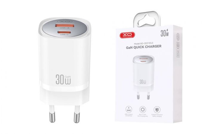 Сетевое зарядное устройство USB + USB-C XO CE21(EU) PD30W/PPS33W Fast Charger White