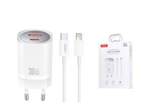 Сетевое зарядное устройство USB + USB-C + кабель Lightning - Type-C XO CE21(EU) European Standard PD30W/PPS33W Fast Charger White