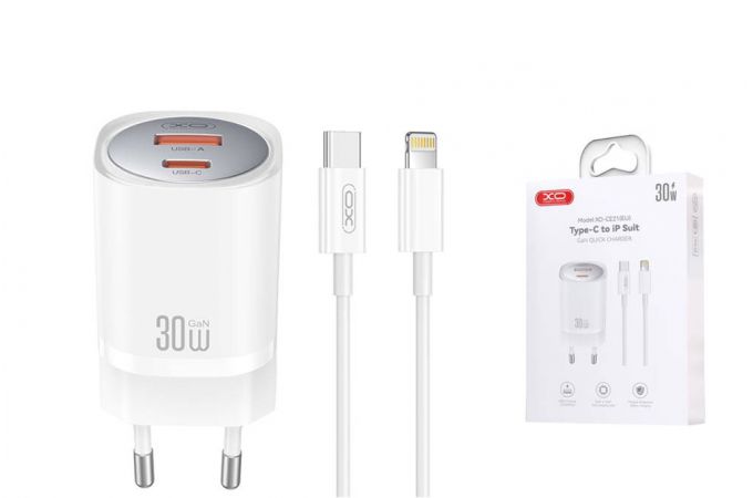 Сетевое зарядное устройство USB + USB-C + кабель Lightning - Type-C XO CE21(EU) European Standard PD30W/PPS33W Fast Charger White