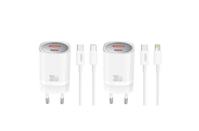 Сетевое зарядное устройство USB + USB-C + кабель Lightning - Type-C XO CE21(EU) European Standard PD30W/PPS33W Fast Charger White