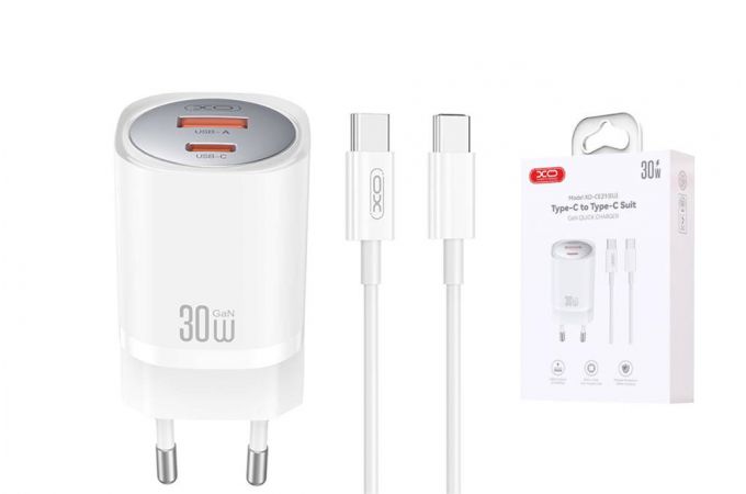 Сетевое зарядное устройство USB+USB-C + кабель Type-C-Type-C XO CE21 PD30W/PPS33W 1USB-A+1USB-C Fast Charger White