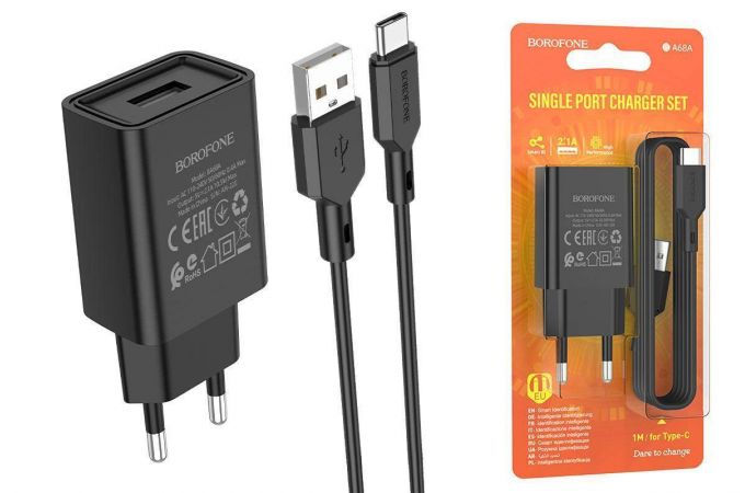 Сетевое зарядное устройство USB + кабель Type-C BOROFONE BA68A Glacier (черный)