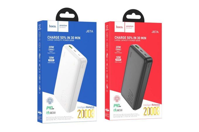 Универсальный дополнительный аккумулятор Power Bank HOCO J87A Tracker PD20W+QC3.0 (20000 mAh) (белый)