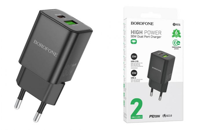 Сетевое зарядное устройство USB + USB-C BOROFONE BN14 PD30W+ QC3.0 (черный)