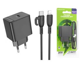 Сетевое зарядное устройство USB + USB-C + кабель Lightning - Type-C BOROFONE BAS15A Erudite PD30W + QC3.0 (черный)