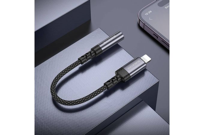 Кабель-переходник AUX для наушников c iP (Lightning) на Jack 3.5  Borofone BV24 (Cерый металлик)
