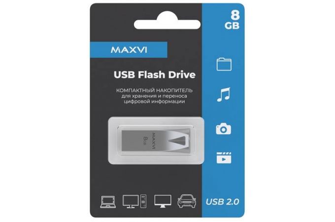 USB флеш накопитель  8 Gb Maxvi MK2 Metallic silver монолит, металл  / FD8GBUSB20C10MK2