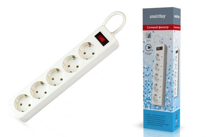 Сетевой фильтр Smartbuy, 10А, 2200 Вт, 5 гнезд, без з/ш, земля, ПВС 3x0,75, 1,8 м, белый (SBSP-18-W)