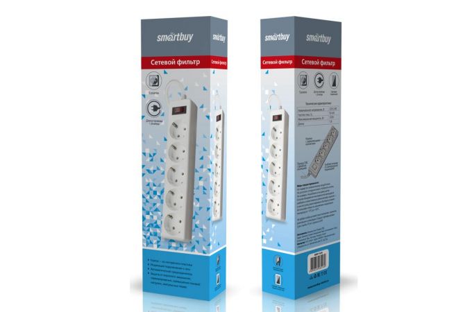 Сетевой фильтр Smartbuy, 10А, 2200 Вт, 5 гнезд, без з/ш, земля, ПВС 3x0,75, 1,8 м, белый (SBSP-18-W)