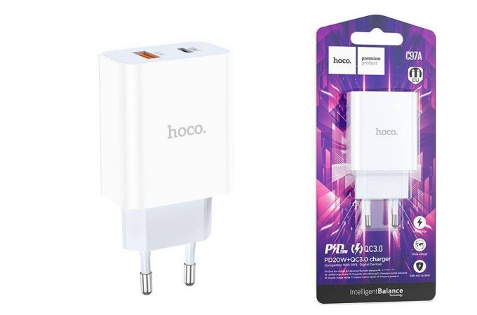 Сетевое зарядное устройство USB + USB-C HOCO C97A PD20W+ QC3.0 (белый)