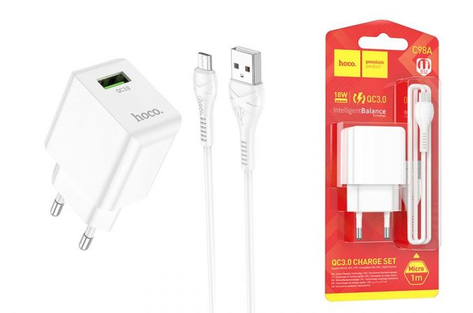 Сетевое зарядное устройство USB + кабель MicroUSB HOCO C98A Proton QC3.0 3000mAh (белый)