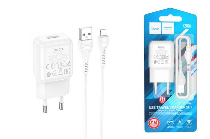 Сетевое зарядное устройство USB + кабель Lightning HOCO С96A 2400mAh (белый)