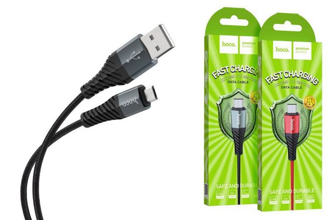 Кабель USB - MicroUSB HOCO X38 2,4A (черный) 1м (в оплетке)