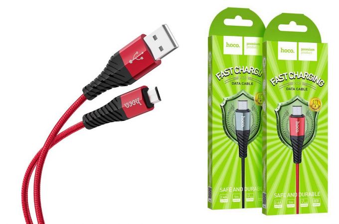 Кабель USB - MicroUSB HOCO X38 2,4A (красный) 1м (в оплетке)