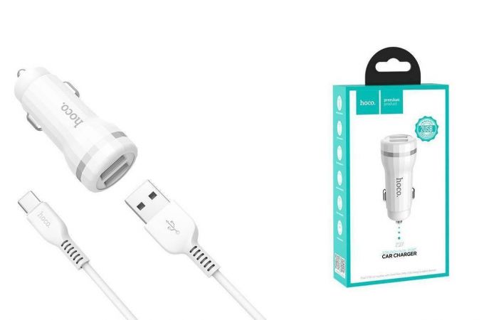 Автомобильное зарядное устройство АЗУ 2USB + кабель Type-C HOCO Z27 2400mAh (белый)