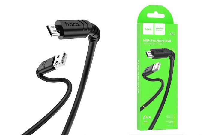 Кабель USB - MicroUSB HOCO X62 2,4A (черный) 1м (усиление угла)