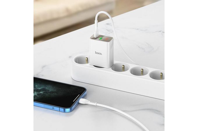 Сетевое зарядное устройство USB + USB-C + кабель Lightning - Type-C HOCO C100A charger PD20W+QC3.0 (белый)