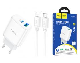 Сетевое зарядное устройство USB + USB-C + кабель Lightning - Type-C HOCO C105A charger PD20W+QC3.0 (белый)