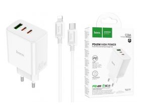 Сетевое зарядное устройство USB + 2USB-C + кабель Lightning - Type-C HOCO C126A charger PD40W+QC3.0 (белый)
