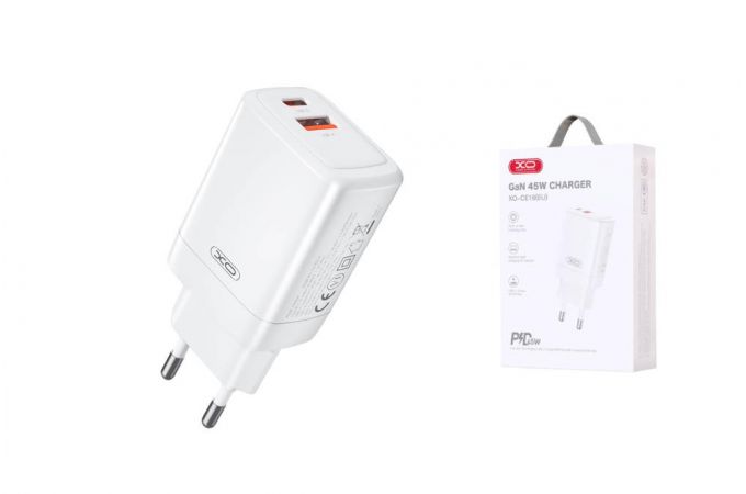 Сетевое зарядное устройство USB + USB-C XO CE16(EU) 45W GaN Fast Charger (1USB-C 45W/1USB-A 22.5W) White