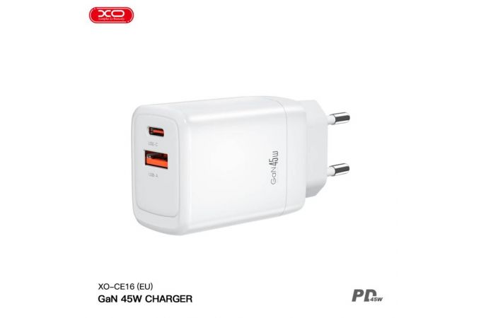 Сетевое зарядное устройство USB + USB-C XO CE16(EU) 45W GaN Fast Charger (1USB-C 45W/1USB-A 22.5W) White