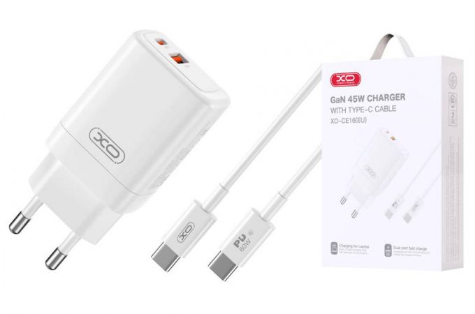 Сетевое зарядное устройство USB+USB-C + кабель Type-C-Type-C XO CE16 45W GaN Fast Charger (1USB-C 45W/1USB-A 22.5W) White